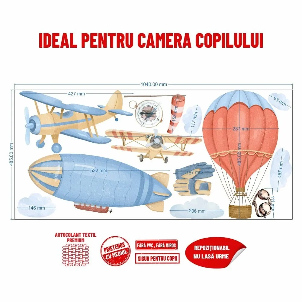Promotional Print Stickere perete Aviatie pentru camera copilului autocolant textil premium repozitionabil set mare