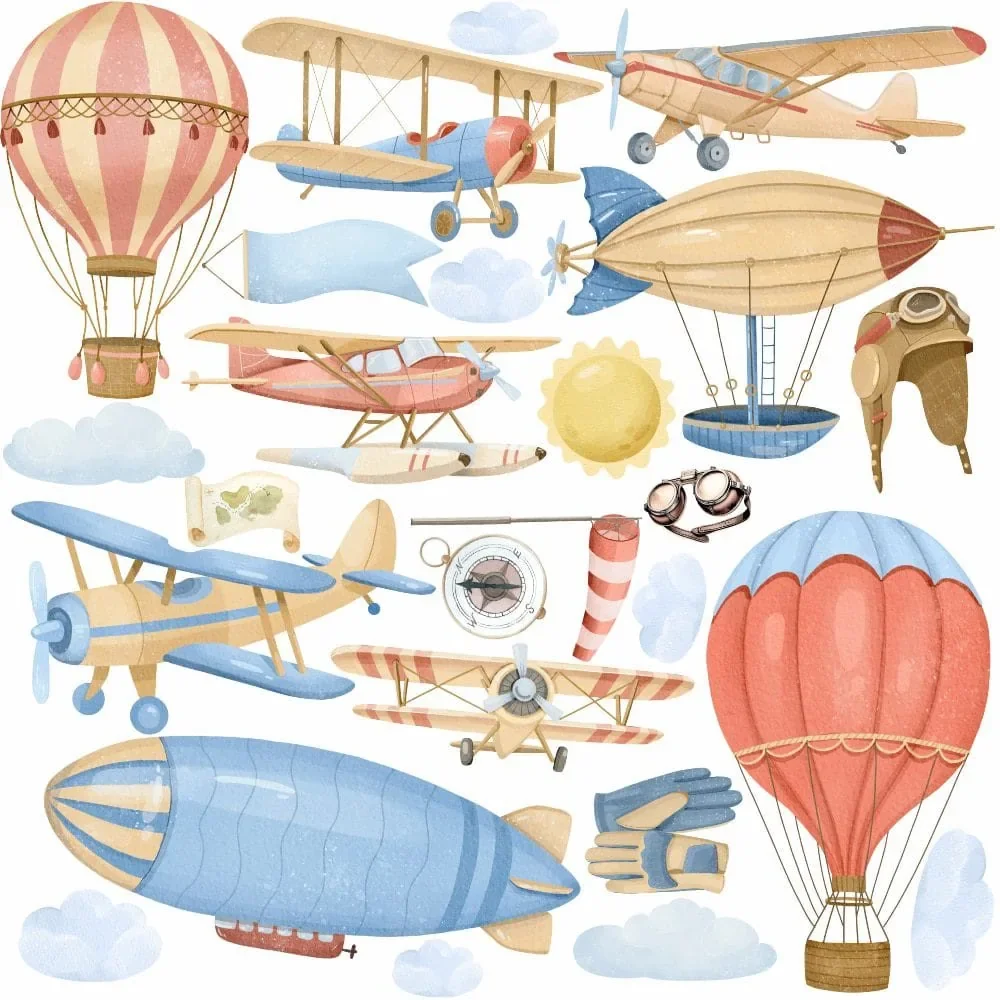 Promotional Print Stickere perete Aviatie pentru camera copilului autocolant textil premium repozitionabil set mare