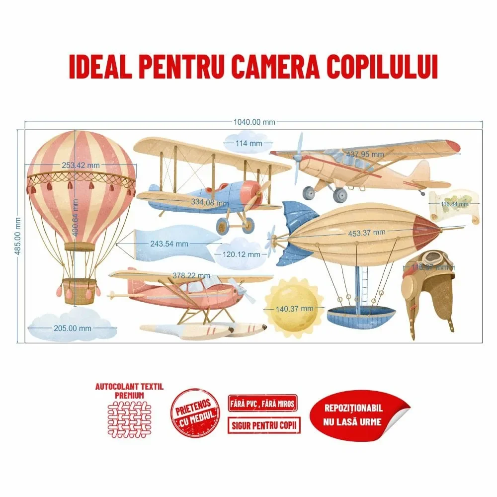 Promotional Print Stickere perete Aviatie pentru camera copilului autocolant textil premium repozitionabil set mare
