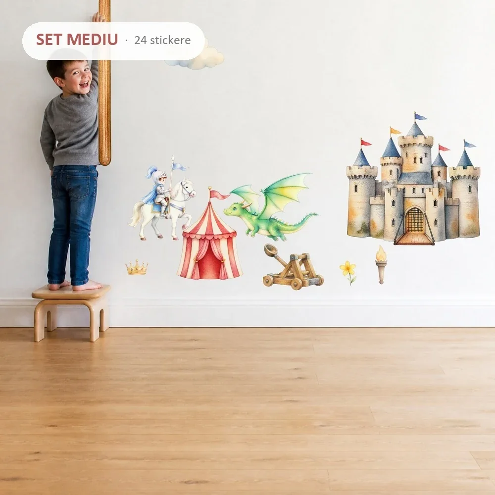 Promotional Print Stickere perete Cavaleri si Dragoni pentru camera copilului autocolant textil premium repozitionabil set mediu