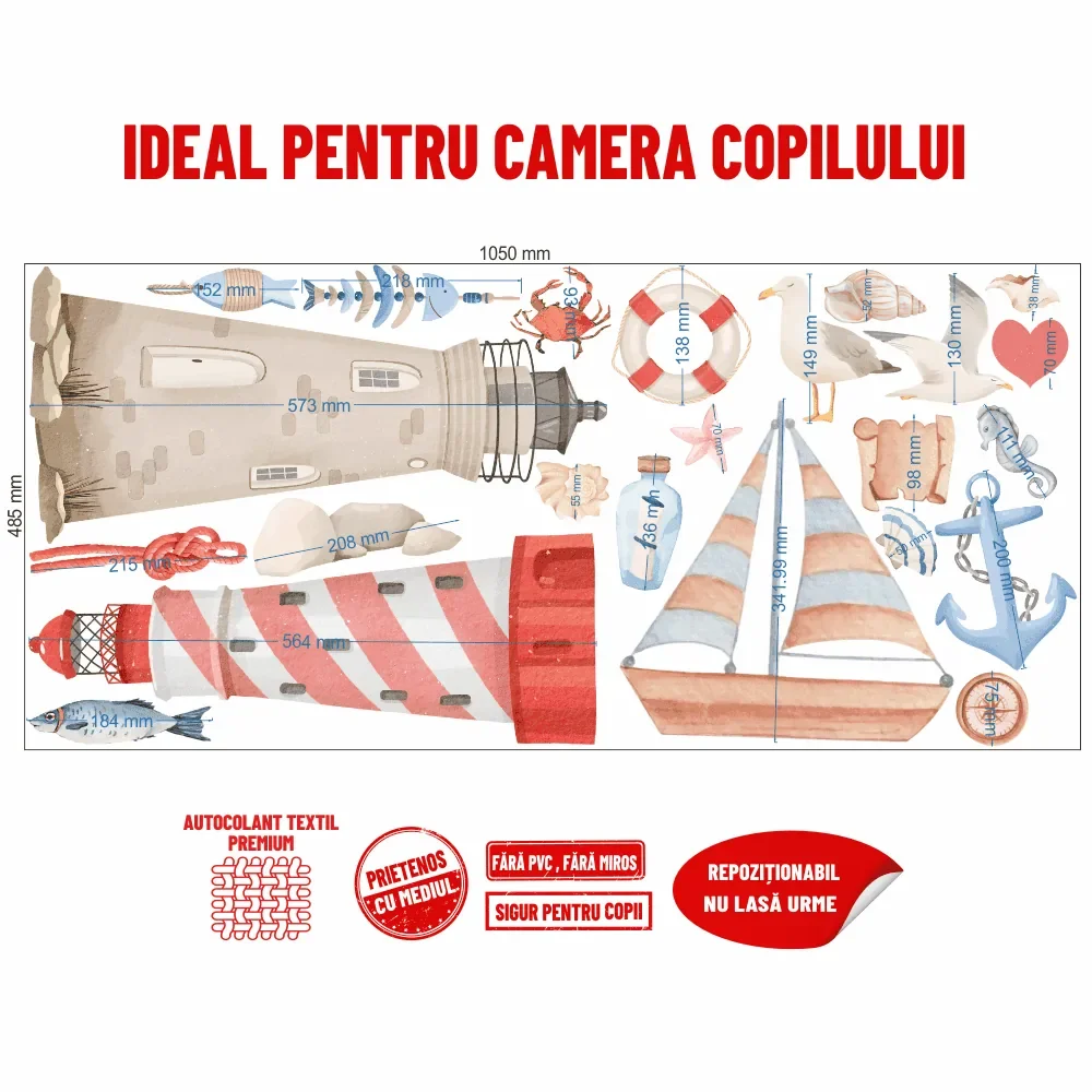 Promotional Print Stickere perete Colectie Nautica cu barci pentru camera copilului ancore si faruri autocolant textil premium repozitionabil set mare