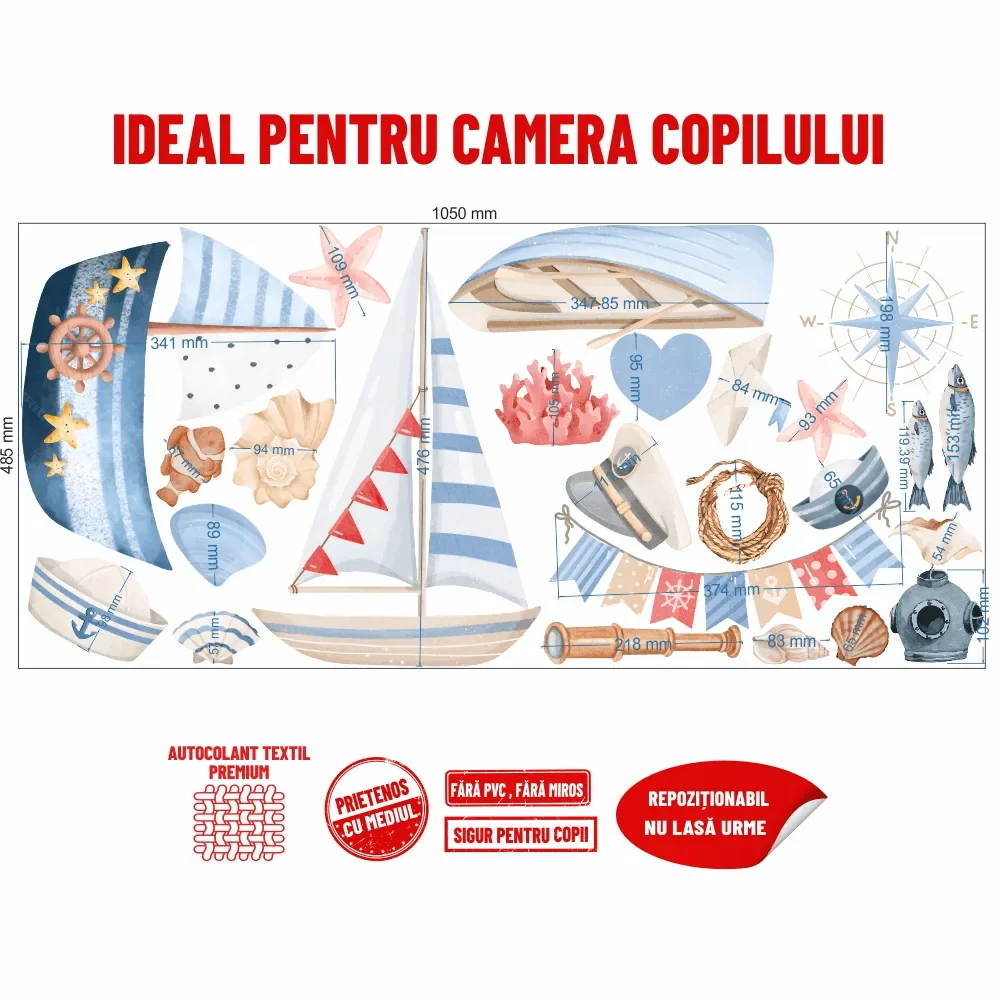 Promotional Print Stickere perete Colectie Nautica cu barci pentru camera copilului ancore si faruri autocolant textil premium repozitionabil set mare