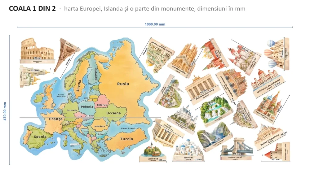 Promotional Print Stickere perete Harta Europei cu 67 de monumente pentru copii autocolant textil premium repozitionabil