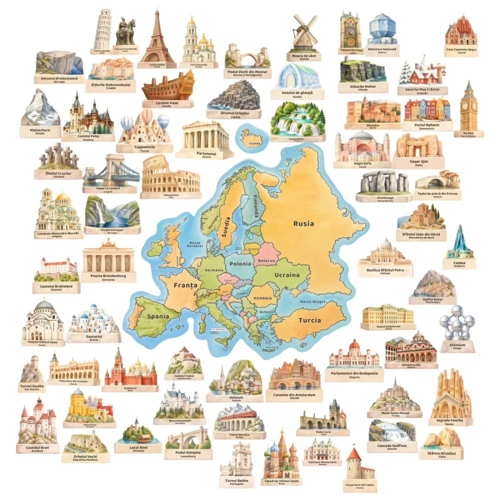 Promotional Print Stickere perete Harta Europei cu 67 de monumente pentru copii autocolant textil premium repozitionabil