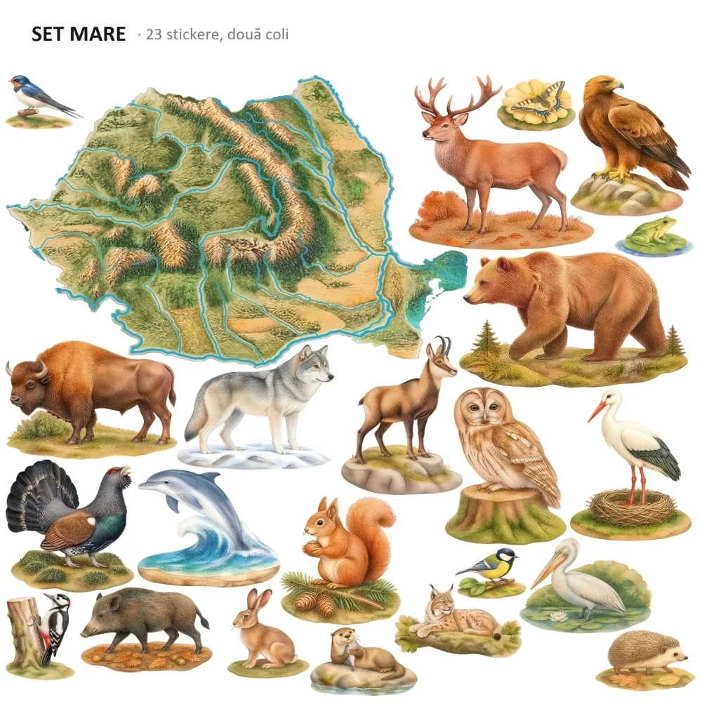 Promotional Print Stickere perete Harta fizica a Romaniei cu animale pentru camera copilului relief si ape autocolant textil premium repozitionabil set mare