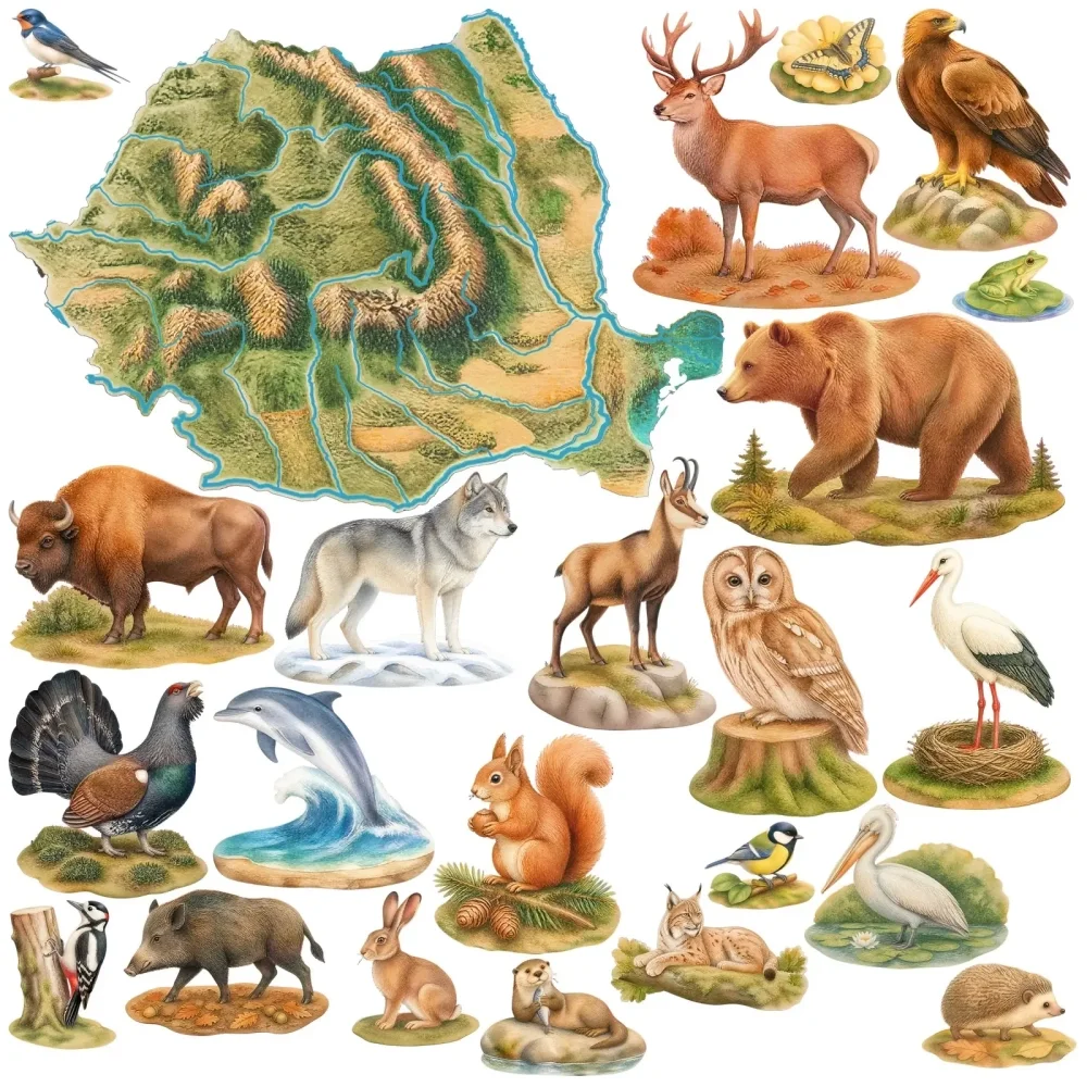 Promotional Print Stickere perete Harta fizica a Romaniei cu animale pentru camera copilului relief si ape autocolant textil premium repozitionabil set mare