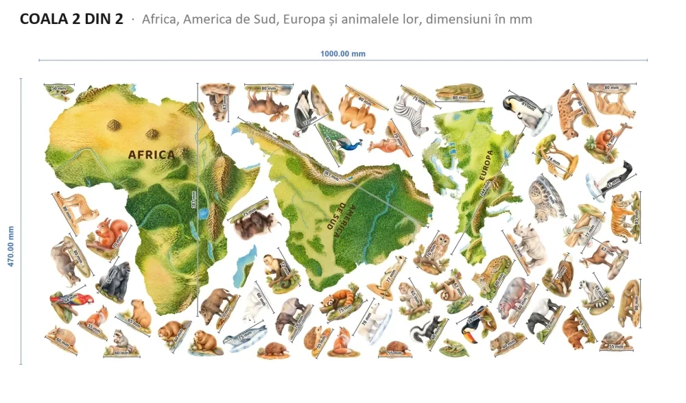 Promotional Print Stickere perete Harta lumii cu continente si animale pentru copii autocolant textil premium repozitionabil