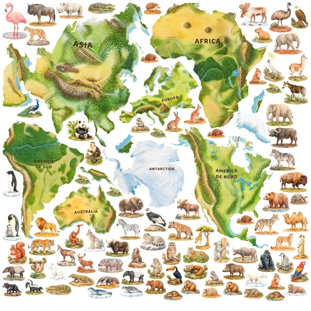 Promotional Print Stickere perete Harta lumii cu continente si animale pentru copii autocolant textil premium repozitionabil