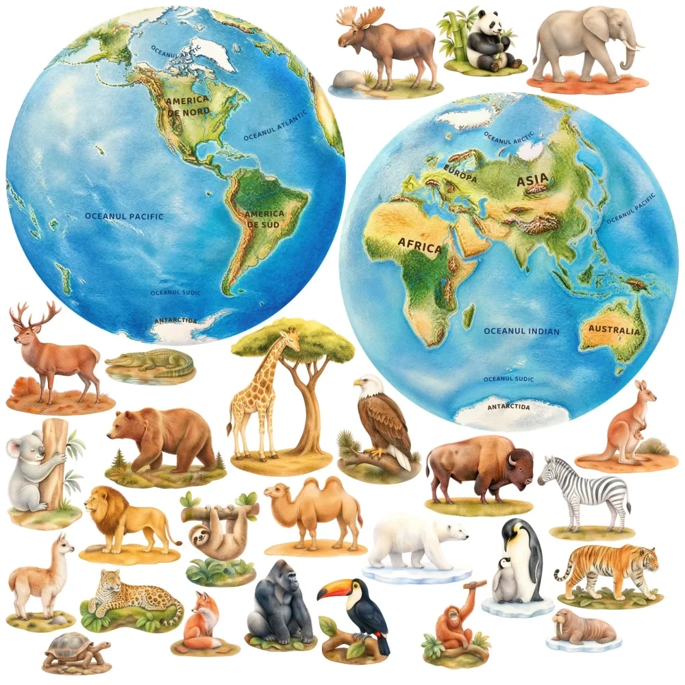 Promotional Print Stickere perete Harta lumii pentru copii glob pamantesc cu animale si continente autocolant textil premium repozitionabil