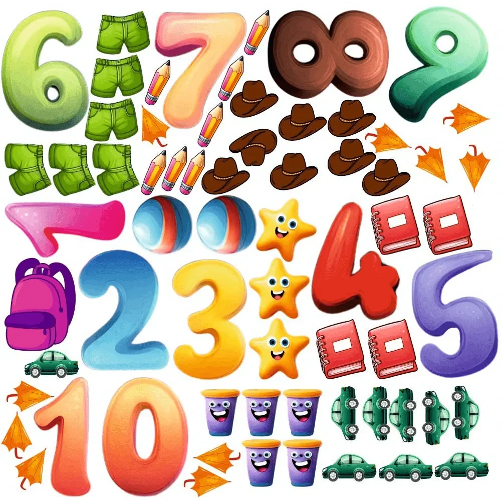 Promotional Print Stickere perete Numere cu Obiecte pentru camera copilului set 66 stickere autocolant textil premium repozitionabil