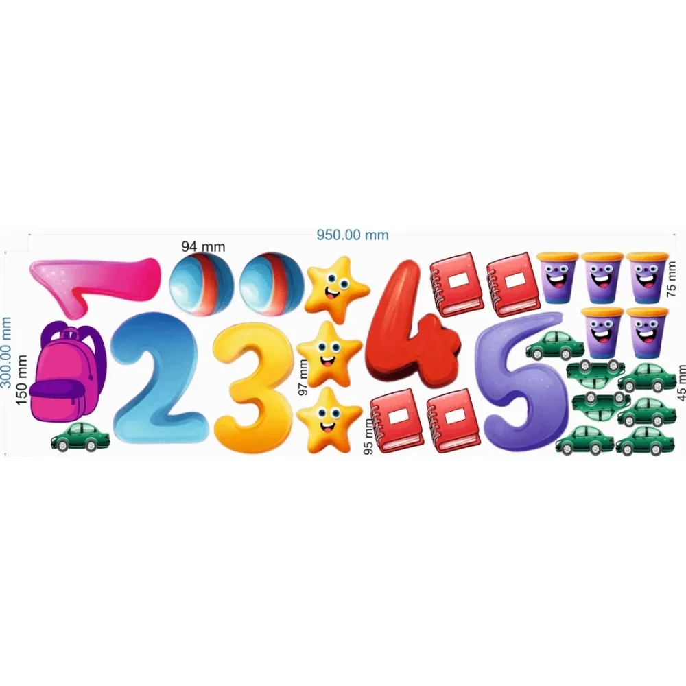 Promotional Print Stickere perete Numere cu Obiecte pentru camera copilului set 66 stickere autocolant textil premium repozitionabil