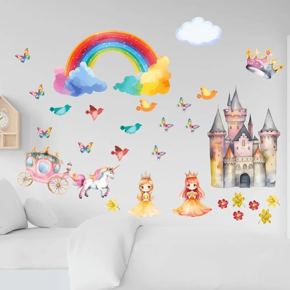 Promotional Print Stickere perete Printese pentru camera copilului Unicorn si Curcubeu set 30 stickere autocolant textil premium repozitionabil