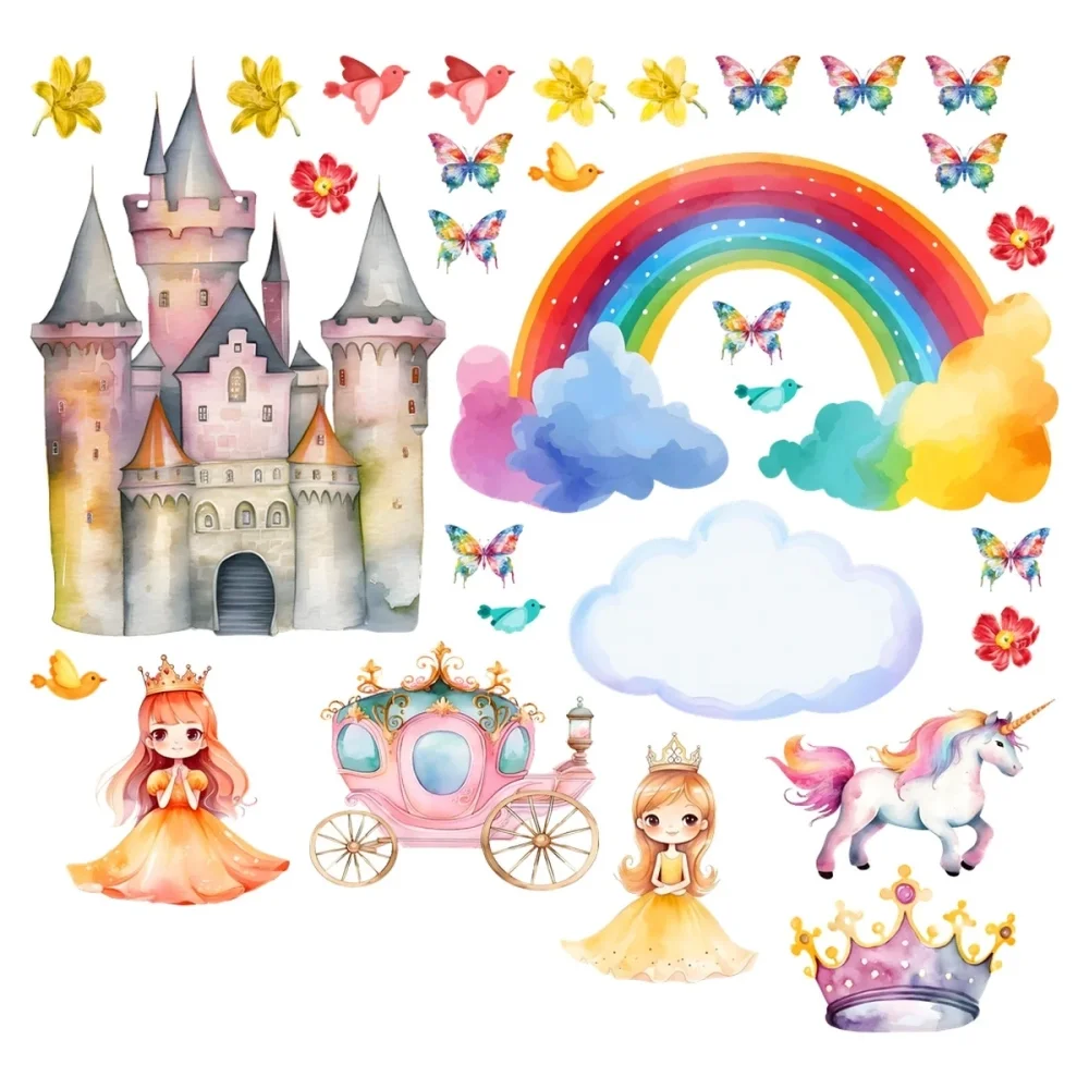 Promotional Print Stickere perete Printese pentru camera copilului Unicorn si Curcubeu set 30 stickere autocolant textil premium repozitionabil