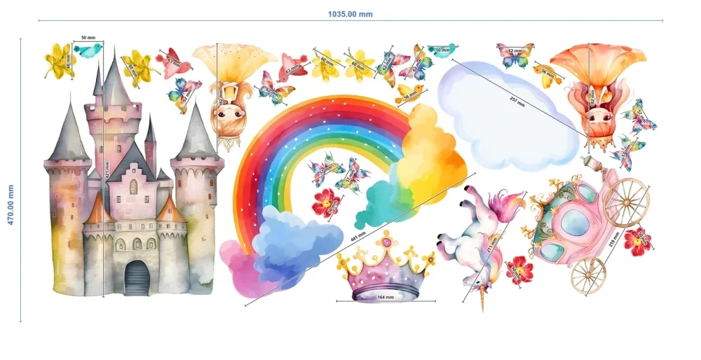 Promotional Print Stickere perete Printese pentru camera copilului Unicorn si Curcubeu set 30 stickere autocolant textil premium repozitionabil
