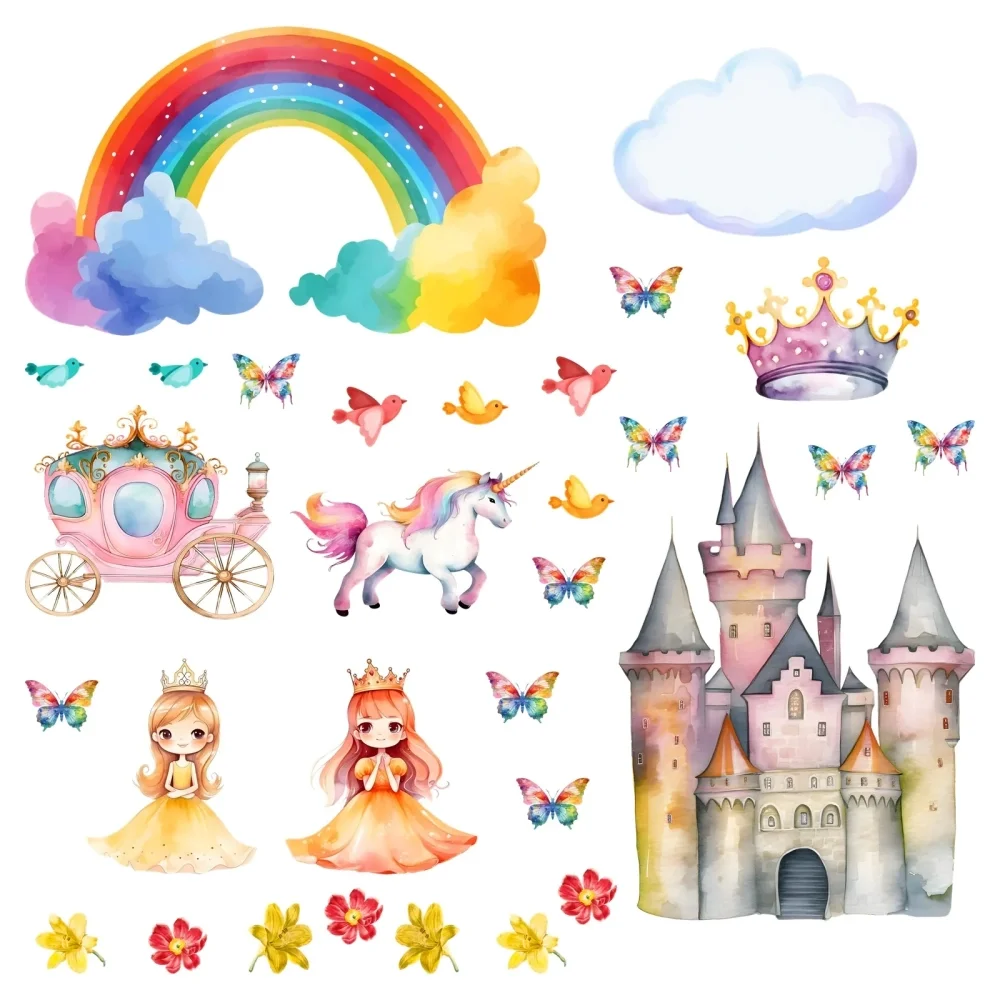 Promotional Print Stickere perete Printese pentru camera copilului Unicorn si Curcubeu set 30 stickere autocolant textil premium repozitionabil