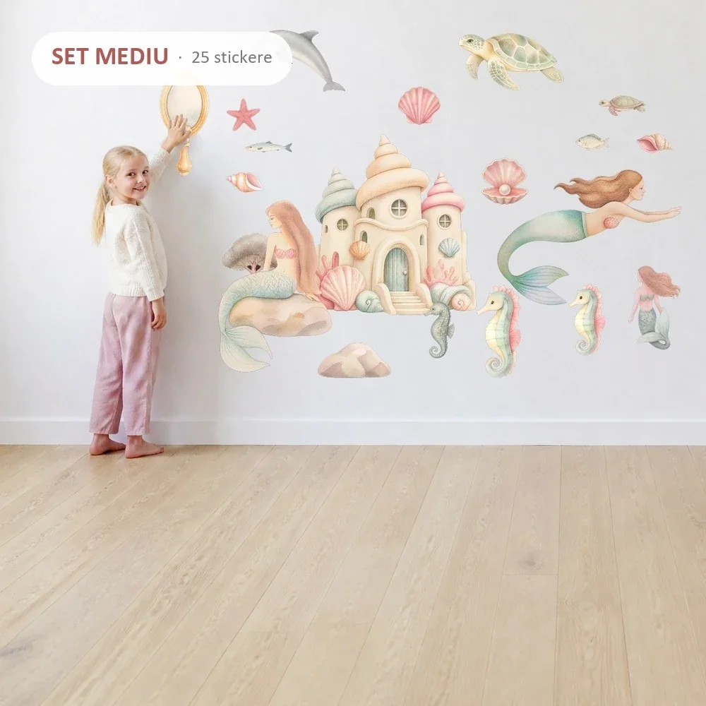 Promotional Print Stickere perete Sirene si Lumea de sub Apa pentru camera copilului autocolant textil premium repozitionabil set mediu