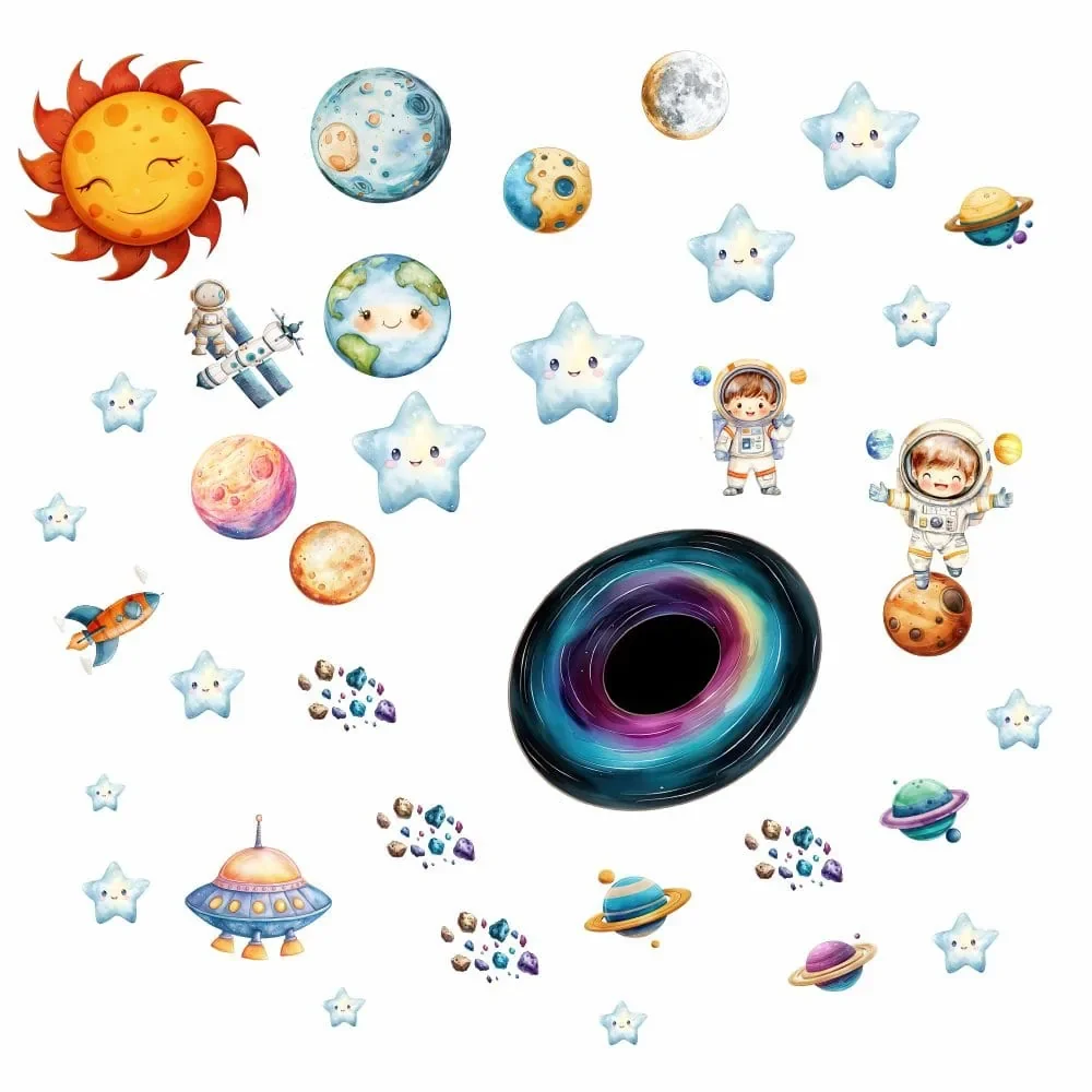 Promotional Print Stickere perete Spatiu pentru camera copilului Stele si Planete in acuarela autocolant textil premium repozitionabil set mare