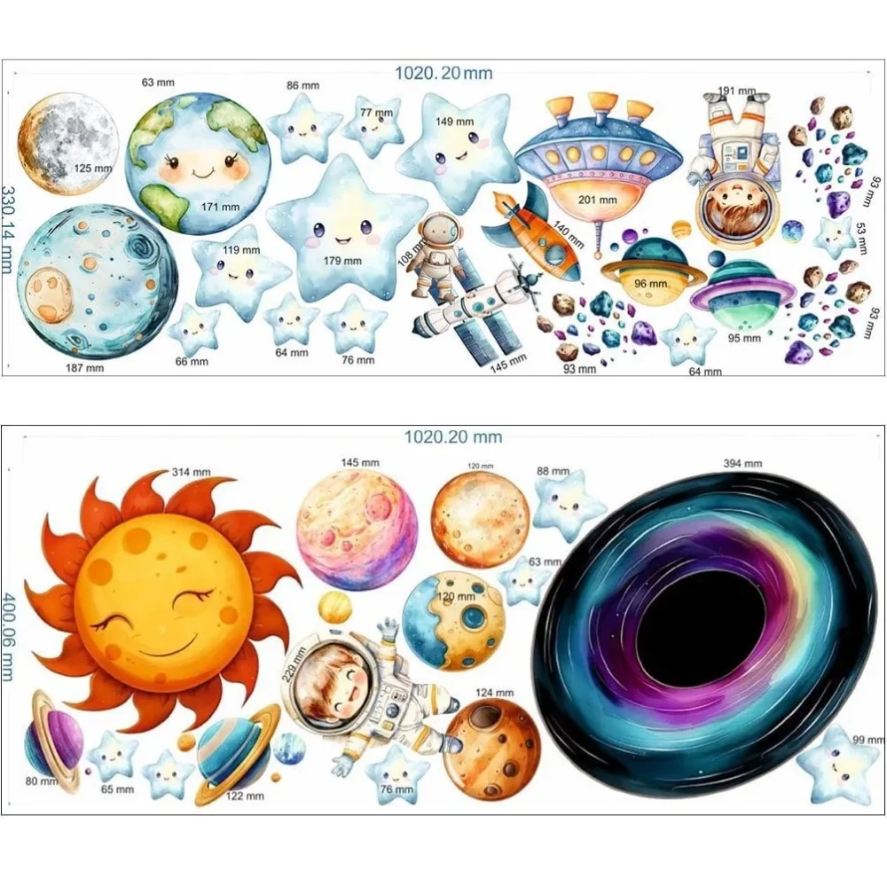 Promotional Print Stickere perete Spatiu pentru camera copilului Stele si Planete in acuarela autocolant textil premium repozitionabil set mare