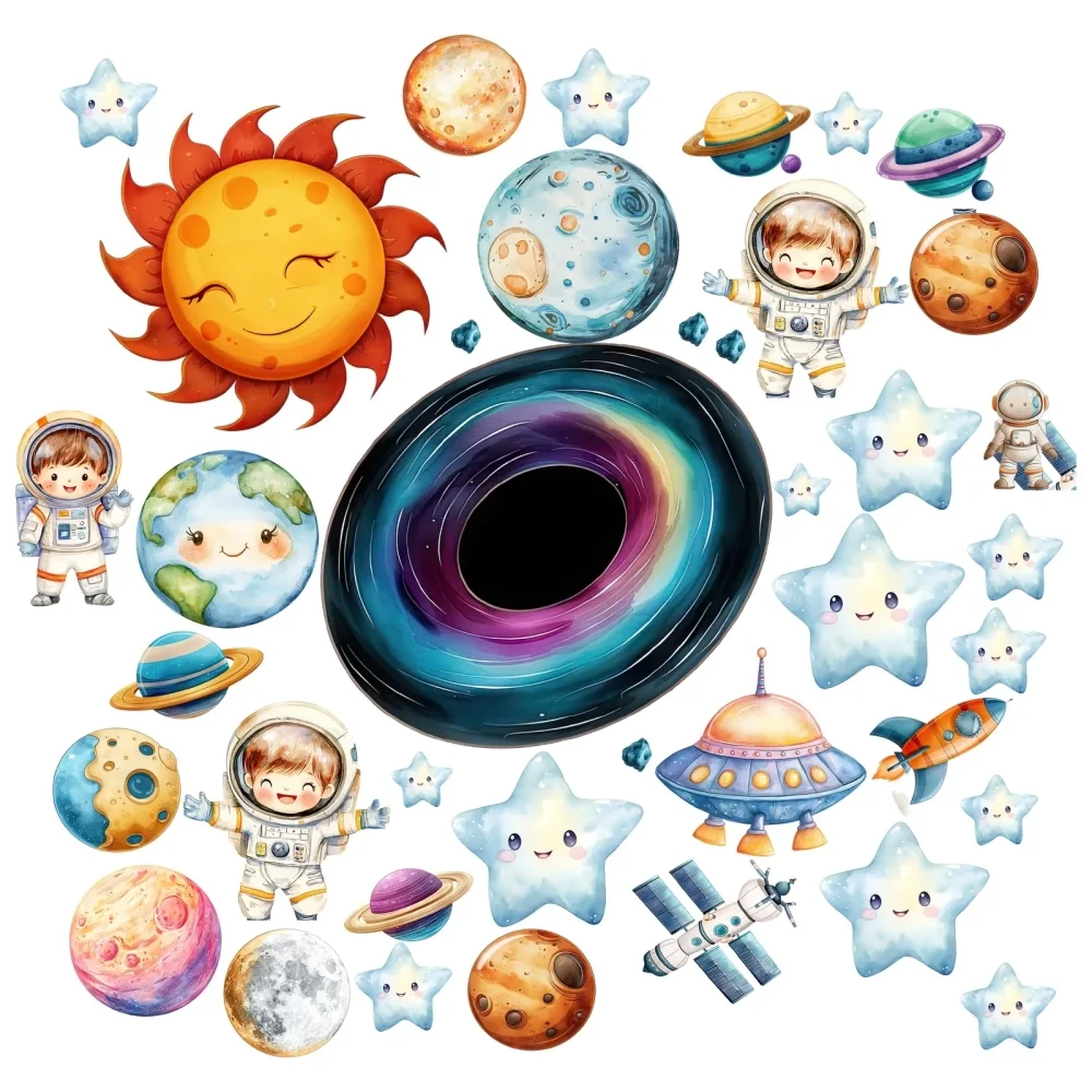 Promotional Print Stickere perete Spatiu pentru camera copilului Stele si Planete in acuarela autocolant textil premium repozitionabil set mare