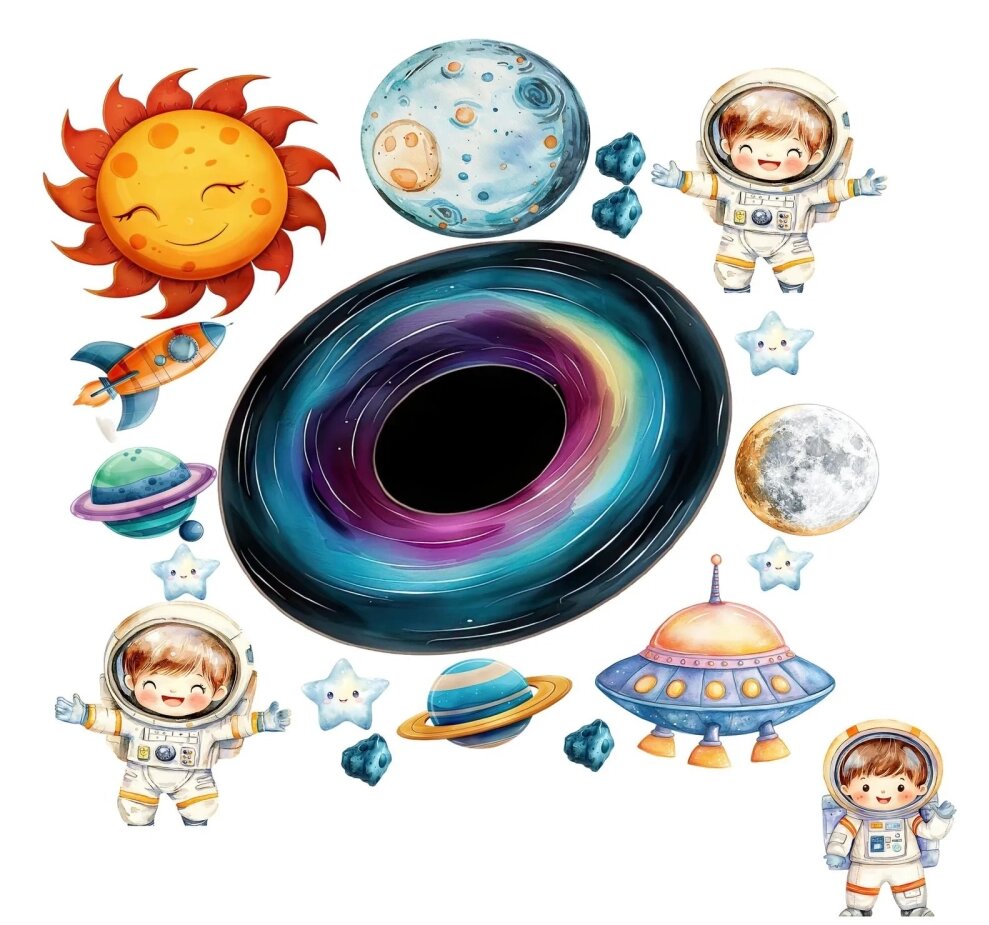 Promotional Print Stickere perete Spatiu pentru camera copilului Stele si Planete in acuarela autocolant textil premium repozitionabil set mediu