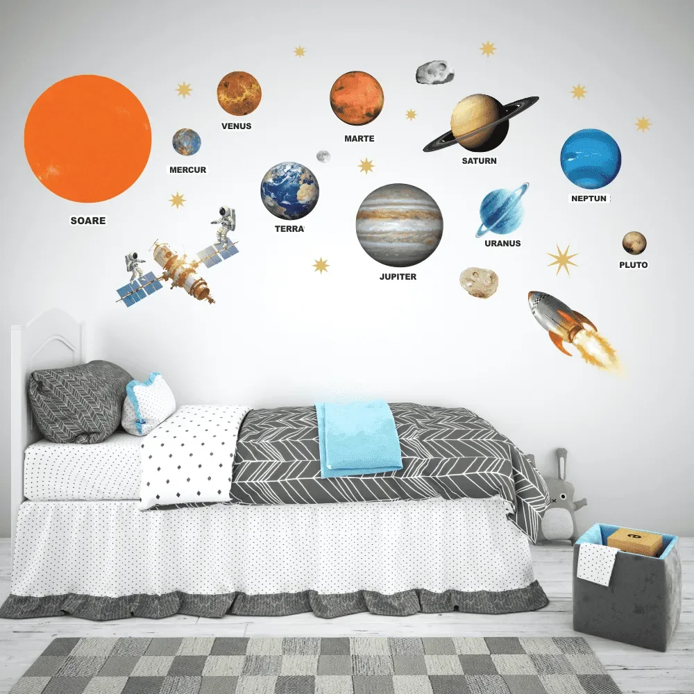 Promotional Print Stickere perete Spatiu si Planete pentru camera copilului set 38 stickere cu Astronauti si Stele autocolant textil premium repozitionabil