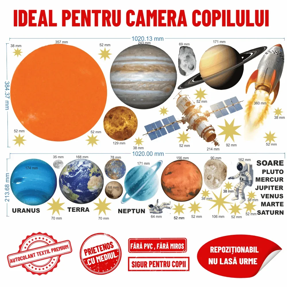 Promotional Print Stickere perete Spatiu si Planete pentru camera copilului set 38 stickere cu Astronauti si Stele autocolant textil premium repozitionabil