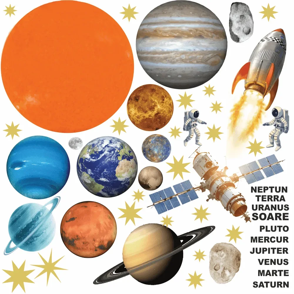 Promotional Print Stickere perete Spatiu si Planete pentru camera copilului set 38 stickere cu Astronauti si Stele autocolant textil premium repozitionabil