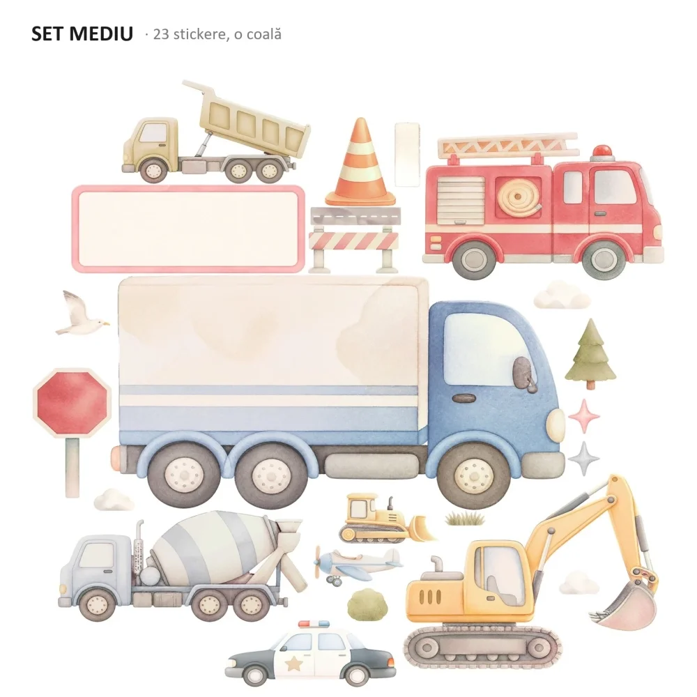 Promotional Print Stickere perete Vehicule si Masinute pentru camera copilului autocolant textil premium repozitionabil set mediu