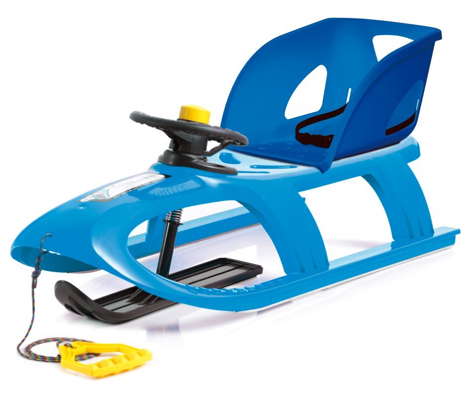 Prosperplast Sanie Bullet Control albastra cu scaun ergonomic pentru copii volan pentru controlul directiei sina alunecare din otel 102.5x40x45cm