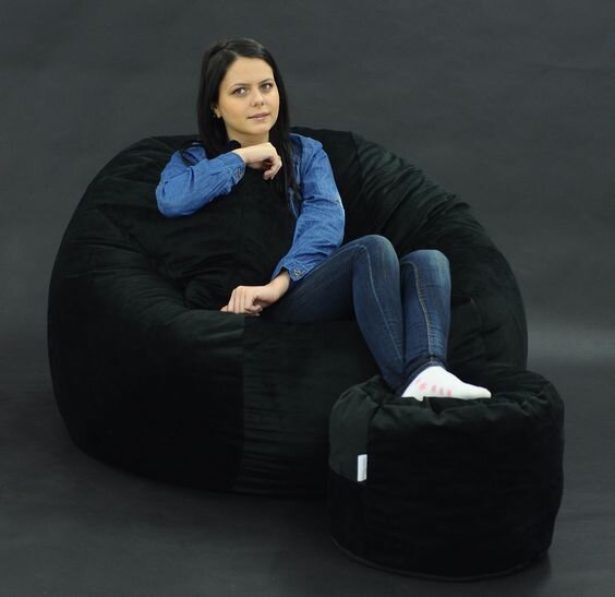 Pufrelax Set fotoliu puf king size otoman perna decorativa black velvet umplut cu fulgi de burete memory mix