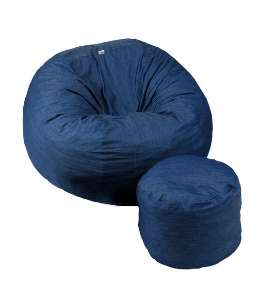 Pufrelax Set fotoliu puf pentru copii 5-16 ani matusalem otoman blue denim umplut cu fulgi de burete memory mix