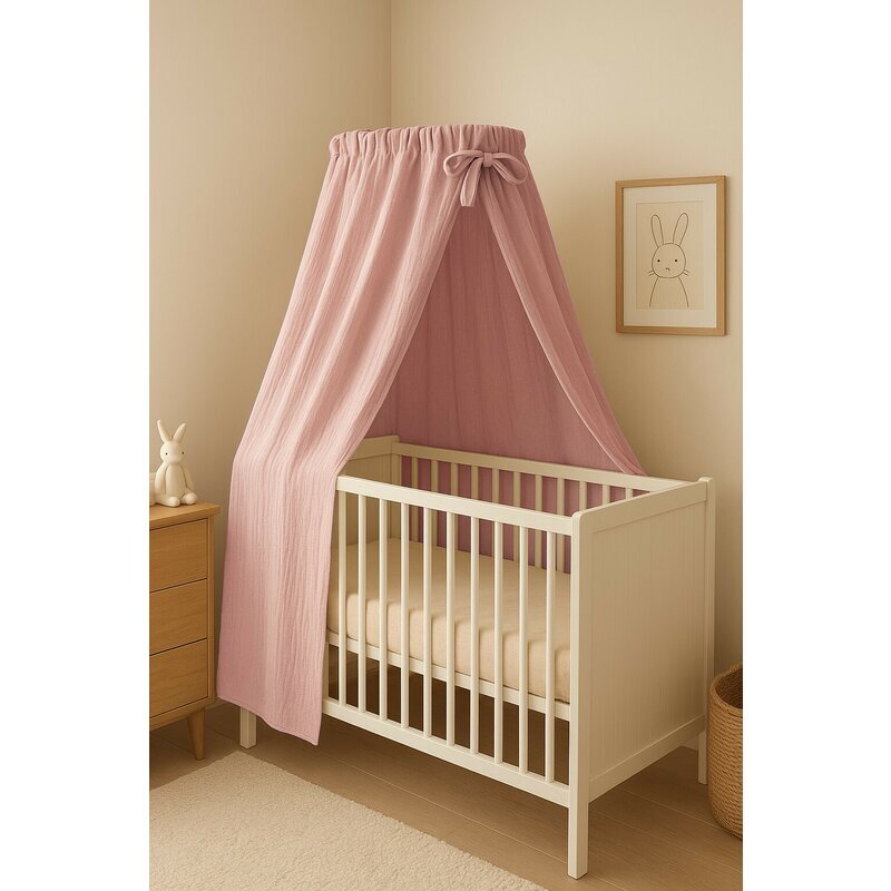 Qmini Baldachin pentru patutleagan Powder Pink din muselina dubla 145x200 cm