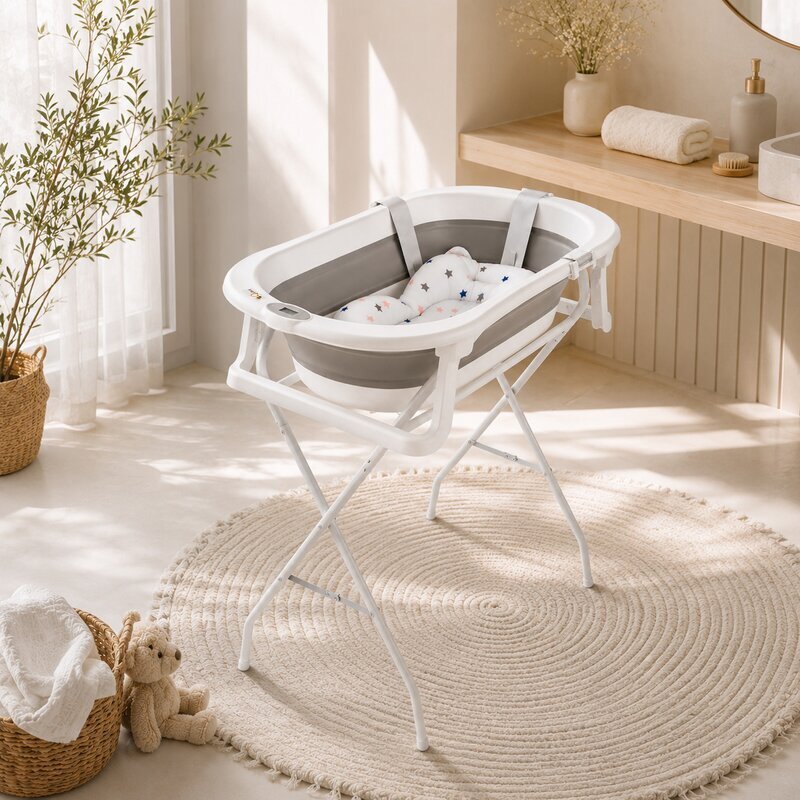 Qmini Cadita de baie pliabila Foldy Pro AlbGri cu suport metalic si pernuta de baie termometru electronic dop si furtun pentru scurgere antiderapanta 80x49 cm