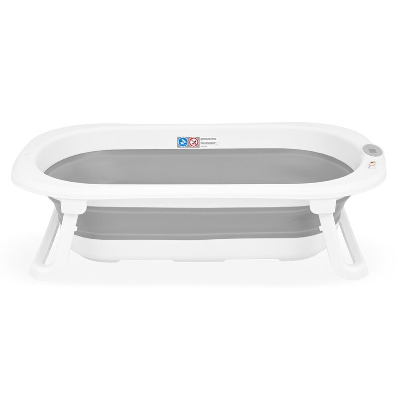 Qmini Cadita de baie pliabila Foldy Pro AlbGri cu suport metalic si pernuta de baie termometru electronic dop si furtun pentru scurgere antiderapanta 80x49 cm