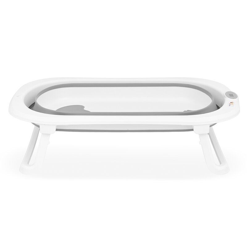 Qmini Cadita de baie pliabila Foldy Pro AlbGri cu suport metalic si pernuta de baie termometru electronic dop si furtun pentru scurgere antiderapanta 80x49 cm