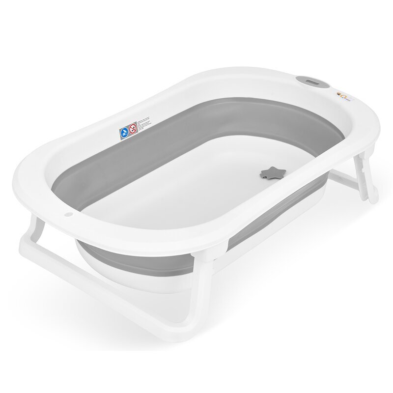 Qmini Cadita de baie pliabila Foldy Pro AlbGri cu suport metalic si pernuta de baie termometru electronic dop si furtun pentru scurgere antiderapanta 80x49 cm