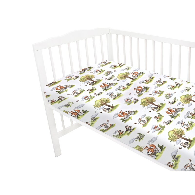 Qmini Cearceaf cu elastic Fox on bikes Natural pentru pat 160x80 cm din bumbac