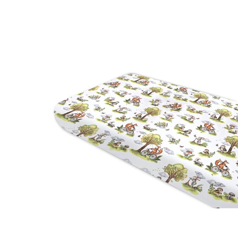 Qmini Cearceaf cu elastic Fox on bikes Natural pentru pat 160x80 cm din bumbac