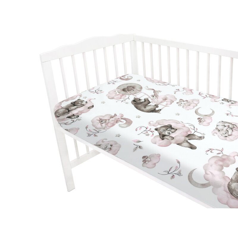 Qmini Cearceaf cu elastic pentru patut 120x60 cm din bumbac Teddy Bear and Friends Pink