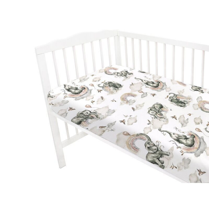 Qmini Cearceaf cu elastic pentru patut 140X70 cm din bumbac Elephants on Rainbow