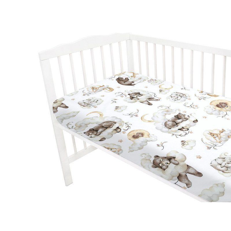 Qmini Cearceaf cu elastic pentru patut 140X70 cm din bumbac Teddy Bear and Friends Beige