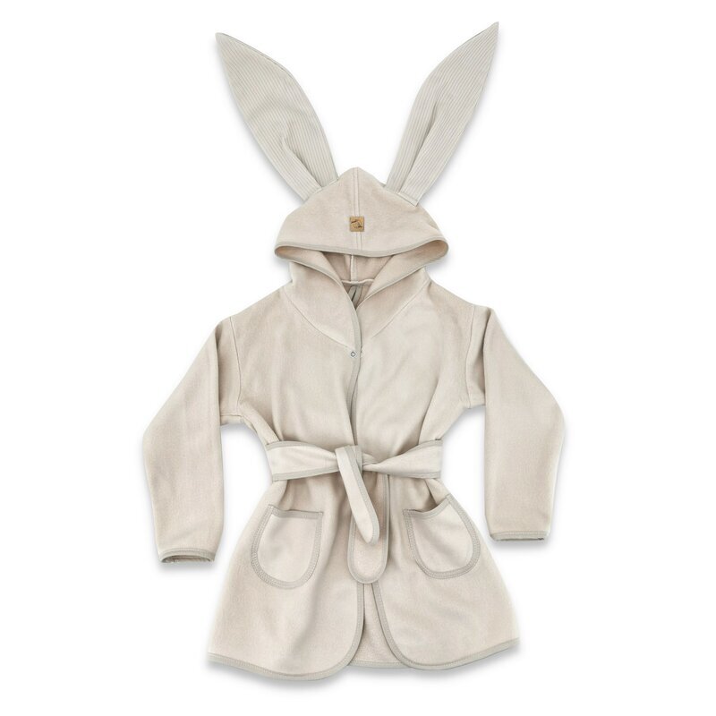 Qmini Halat de baie Beige cu urechi S 6-24 luni moale cu buzunare si cordon din tricot termo-terry din bambus