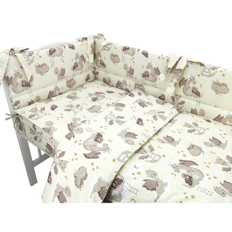 Qmini Lenjerie patut 3 piese cu protectie laterala 120x60 cm Dragons Beige