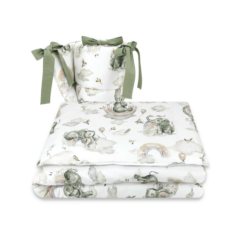 Qmini Lenjerie patut 3 piese cu protectie laterala 120x60 cm Elephants on Rainbow