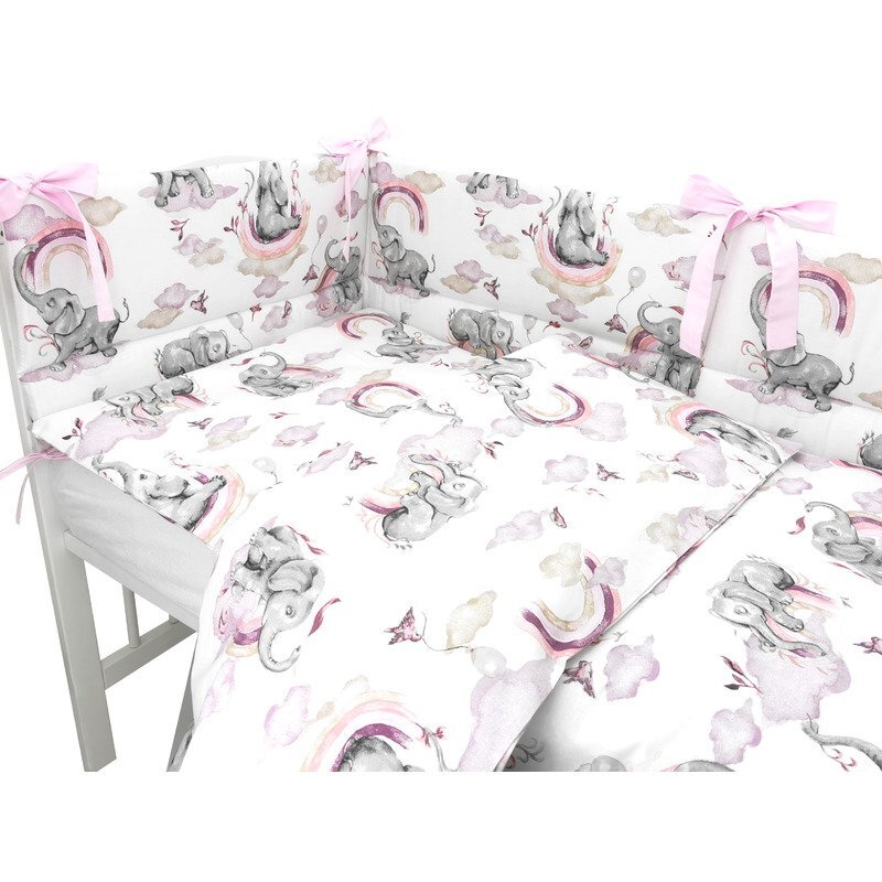 Qmini Lenjerie patut 3 piese cu protectie laterala 120x60 cm Elephants on Rainbow Pink