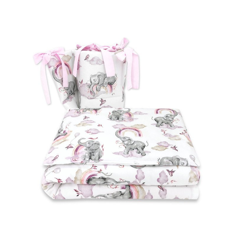 Qmini Lenjerie patut 3 piese cu protectie laterala 120x60 cm Elephants on Rainbow Pink