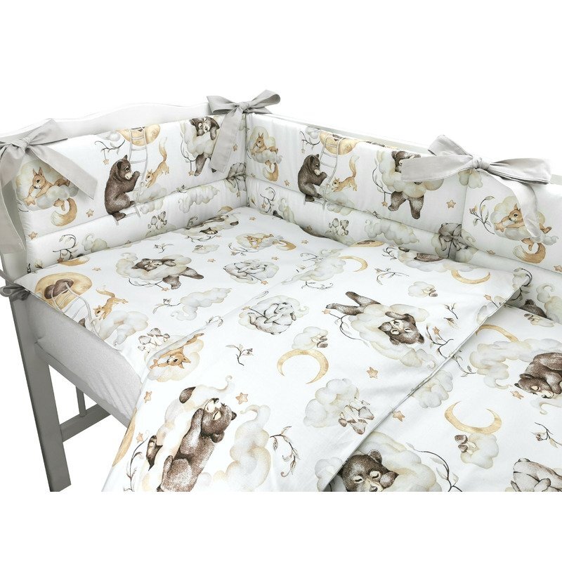 Qmini Lenjerie patut 3 piese cu protectie laterala 120x60 cm Teddy Bear and Friends Beige