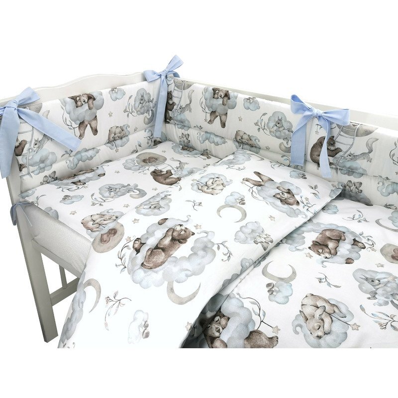 Qmini Lenjerie patut 3 piese cu protectie laterala 120x60 cm Teddy Bear and Friends Blue