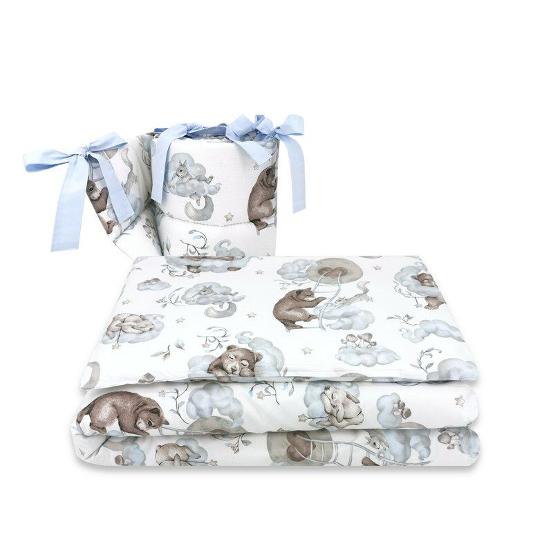 Qmini Lenjerie patut 3 piese cu protectie laterala 120x60 cm Teddy Bear and Friends Blue