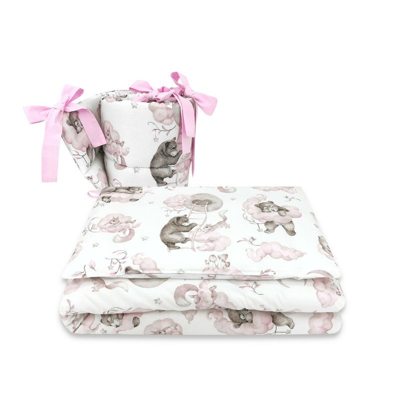 Qmini Lenjerie patut 3 piese cu protectie laterala 120x60 cm Teddy Bear and Friends Pink